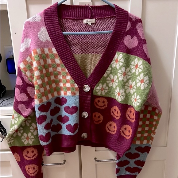debut Sweaters - Debut hearts smiley daisy checkered cardigan